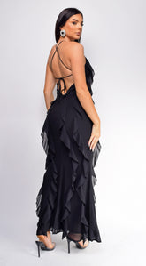 Erma Halter Ruffle Maxi Dress - Black